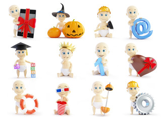 set baby 3d in different occupations and different objects on a white background 3D illustration
