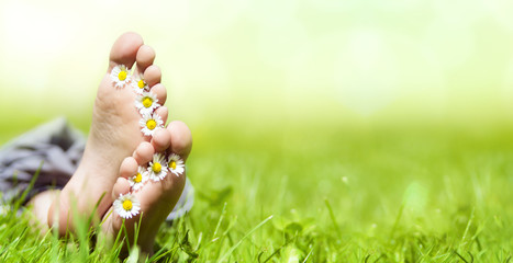 Kinderfüße mit Gänseblümchen auf einer Wiese im Sonnenschein - 134525151