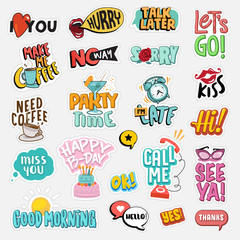 Set of flat design social network stickers. Isolated vector illustrations for online communication, networking, social media, web design, mobile message, chat,  marketing material.
