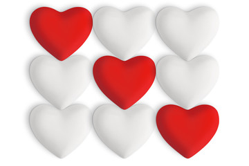 White love hearts with red hearts in a straight row on a white background