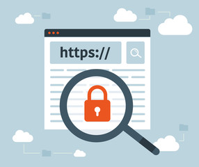 Data protection and internet security. https. Magnifying glass. Cloud