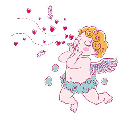 Valentine's day. Cupid-boy cloud pants knelt and blowing kisses and hearts. - 134526508