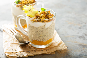 Chia pudding with exotic fruits and granola