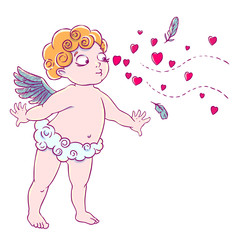 Valentine's day. Cupid-boy in cloud pants and blowing kisses and hearts. Vector illustration