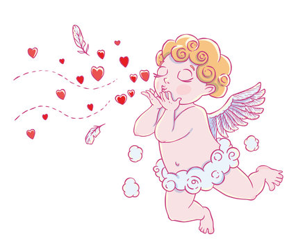 Valentine's day. Cupid-boy in cloud pants and blowing kisses and hearts. Vector illustration
