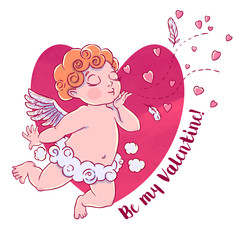 Valentine's day. Cupid-boy in cloud pants and blowing kisses and hearts. Vector illustration isolated