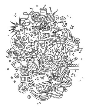 Vector Cinema, movie, film doodles hand drawn sketch.  symbols and objects with  design