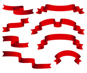Red glossy ribbon vector banners set. Ribbons collection isolated on white background