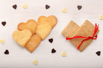 Delicious crunchy cookie in hearts shapes on Valentines Day