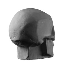 plaster statue of a human skull and head with an angular outline graphic.