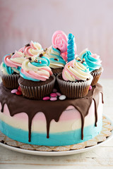 Pink and blue festive cake