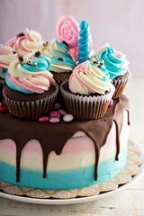 Pink and blue festive cake