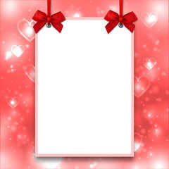 Mockup Valentines poster, Empty blank A4 size, white placard hanging on a red ribbon with a bow. Love background, Valentine bright shiny pink red backdrop. Elements isolated and editable, Vector