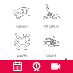 Achievement and video cam signs. Car wash icons. Automatic cleaning station linear signs. Hand wash, sponge flat line icons. Calendar icon. Vector