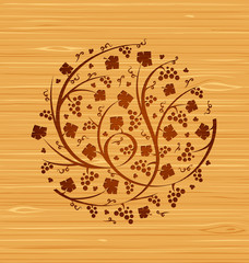 Vector floral ornament of grape vines and bunches of grapes on a wooden background - 134529954