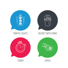 Colored speech bubbles. Race, traffic lights and speed icons. Bucket with foam, fire wheel linear signs. Flat web buttons with linear icons. Vector