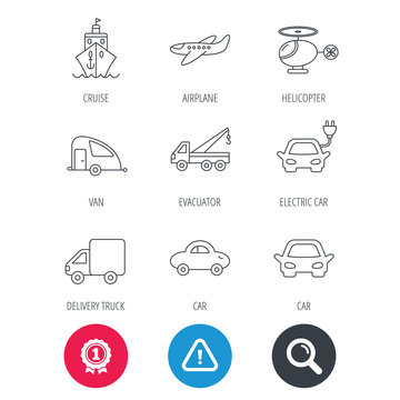 Achievement and search magnifier signs. Transportation icons. Car, ship and truck linear signs. Airplane, helicopter and evacuator flat line icons. Hazard attention icon. Vector