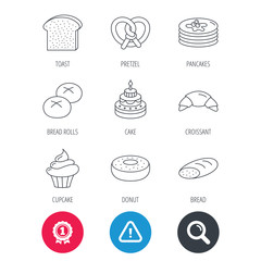 Achievement and search magnifier signs. Croissant, pretzel and bread icons. Cupcake, cake and sweet donut linear signs. Pancakes, toast and bread rolls flat line icons. Hazard attention icon. Vector