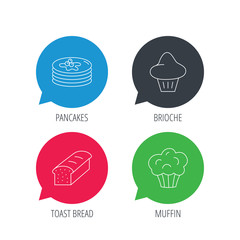 Colored speech bubbles. Pancakes, brioche muffin and toast bread icons. Cupcake linear sign. Flat web buttons with linear icons. Vector