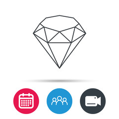 Brilliant icon. Diamond gemstone sign. Group of people, video cam and calendar icons. Vector