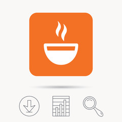 Coffee cup icon. Hot tea drink symbol. Report chart, download and magnifier search signs. Orange square button with web icon. Vector