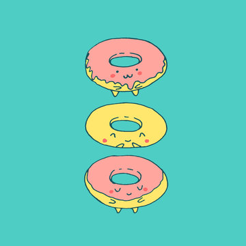 Kawaii sweet donuts. Vector hand drawn illustration with Japanese style sketches. Minimalistic childish drawing in candy colors