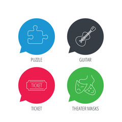Colored speech bubbles. Puzzle, guitar music and theater masks icons. Ticket linear sign. Flat web buttons with linear icons. Vector