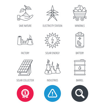 Achievement and search magnifier signs. Solar collector energy, battery and oil barrel icons. Minerals, electricity station and factory linear signs. Industries, save nature icons. Vector