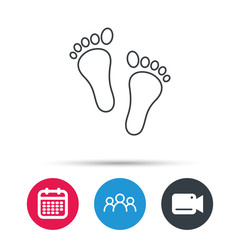 Baby footprints icon. Child feet sign. Newborn steps symbol. Group of people, video cam and calendar icons. Vector