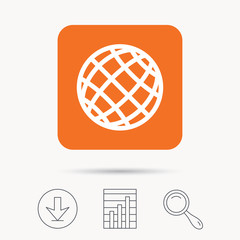 Globe icon. World or internet symbol. Report chart, download and magnifier search signs. Orange square button with web icon. Vector