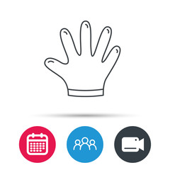 Obraz premium Rubber gloves icon. Latex hand protection sign. Housework cleaning equipment symbol. Group of people, video cam and calendar icons. Vector