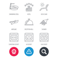 Achievement and search magnifier signs. Hotel, swimming pool and beach deck chair icons. Reception bell, shower and airplane linear signs. European, UK and USA socket icons. Hazard attention icon