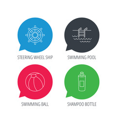 Colored speech bubbles. Shampoo, swimming pool and ball icons. Steering wheel linear sign. Flat web buttons with linear icons. Vector