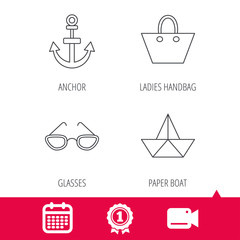 Achievement and video cam signs. Paper boat, anchor and glasses icons. Ladies handbag linear sign. Calendar icon. Vector