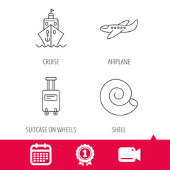 Achievement and video cam signs. Cruise, airplane and suitcase on wheels icons. Shell linear sign. Calendar icon. Vector