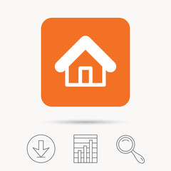 Home icon. House building symbol. Real estate construction. Report chart, download and magnifier search signs. Orange square button with web icon. Vector