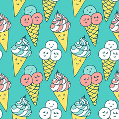 Seamless vector pattern - Kawaii sweet ice cream couple. Vector hand drawn illustration with Japanese style sketches. Minimalistic childish drawing in candy colors