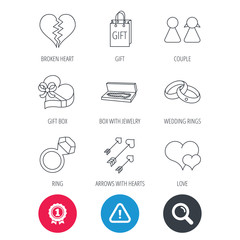 Achievement and search magnifier signs. Love heart, gift box and wedding rings icons. Broken heart and couple linear signs. Valentine amour arrows flat line icons. Hazard attention icon. Vector