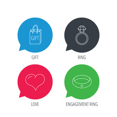 Colored speech bubbles. Love heart, gift bag and wedding ring icons. Engagement ring linear sign. Flat web buttons with linear icons. Vector