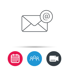 Envelope mail icon. Email message with AT sign. Internet letter symbol. Group of people, video cam and calendar icons. Vector