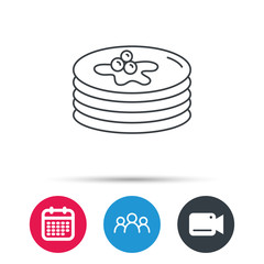 Pancakes icon. American breakfast sign. Food with maple syrup symbol. Group of people, video cam and calendar icons. Vector