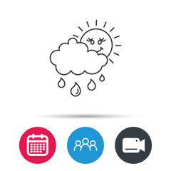 Rain and sun icon. Water drops and cloud sign. Rainy overcast day symbol. Group of people, video cam and calendar icons. Vector