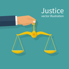 Weight scales justice hold in hand judge. Law and justice concept. Vector abstract illustration flat design. Isolated on background.