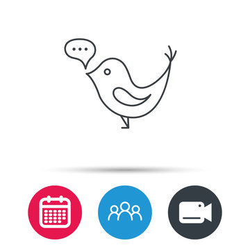 Bird with speech bubble icon. Chat talk sign. Social media concept symbol. Group of people, video cam and calendar icons. Vector