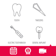 Achievement and video cam signs. Dental implant, tooth and tweezers icons. Electric toothbrush linear sign. Calendar icon. Vector