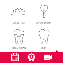 Achievement and video cam signs. Dental implant, floss and tooth icons. Dental crown linear sign. Calendar icon. Vector