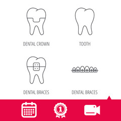 Achievement and video cam signs. Dental crown, braces and tooth icons. Stomatology linear sign. Calendar icon. Vector