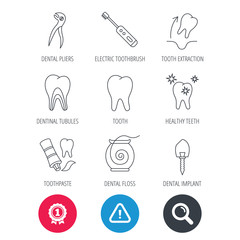 Achievement and search magnifier signs. Tooth extraction, electric toothbrush icons. Dental implant, floss and dentinal tubules linear signs. Toothpaste icon. Hazard attention icon. Vector