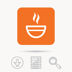 Tea cup icon. Hot coffee drink symbol. Report chart, download and magnifier search signs. Orange square button with web icon. Vector