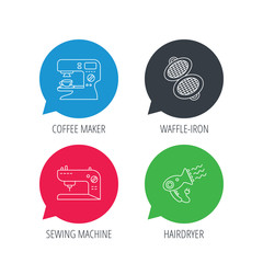 Colored speech bubbles. Coffee maker, sewing machine and hairdryer icons. Waffle-iron linear sign. Flat web buttons with linear icons. Vector